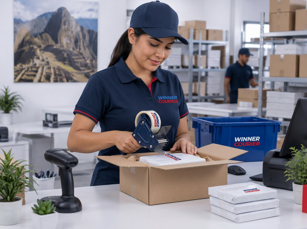 Especialista de Winner Courier empacando un pedido