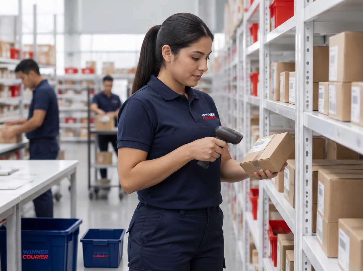 Operadora de Winner Courier verificando inventario en almacén